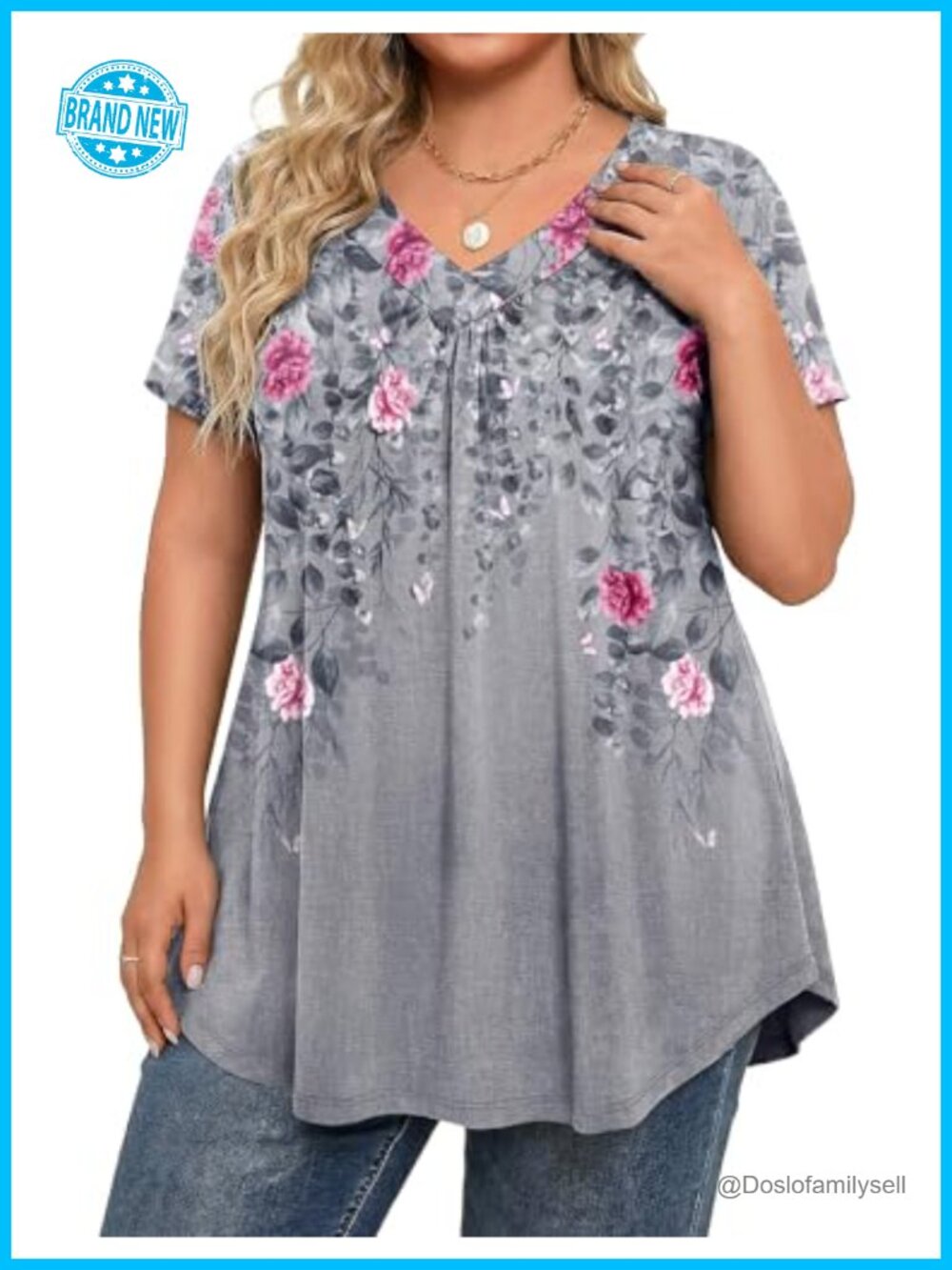 Plus Size Womens Tunic Top Short Sleeve V-Neck Loose Fit Summer Shirt